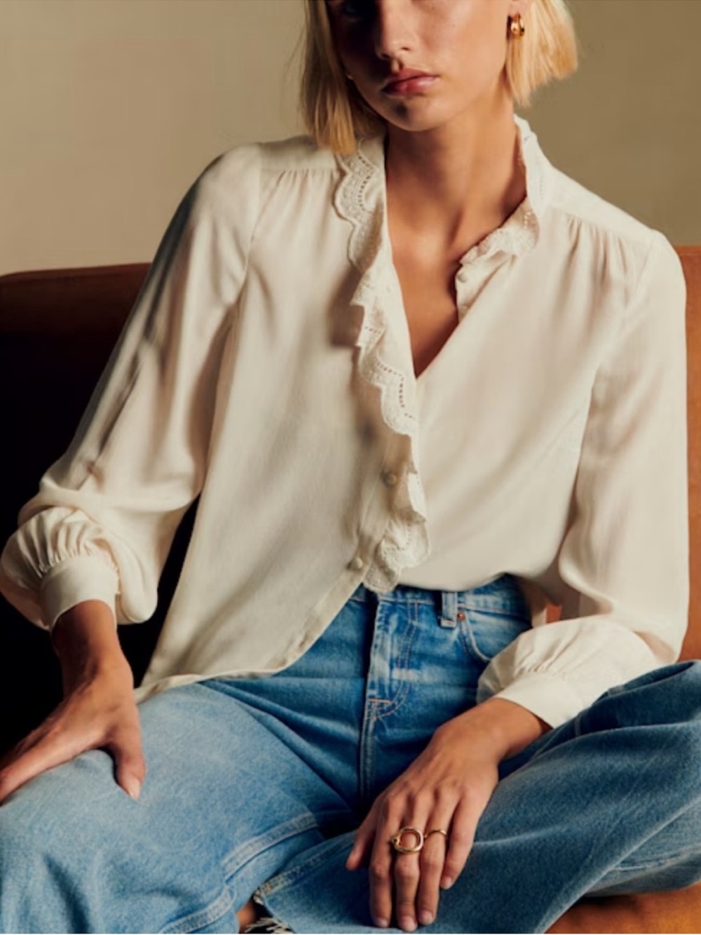 Sézane Chlo Silk Ruffle Lace Blouse Ecru Ivory Long Sleeve Button Up Coquette 40